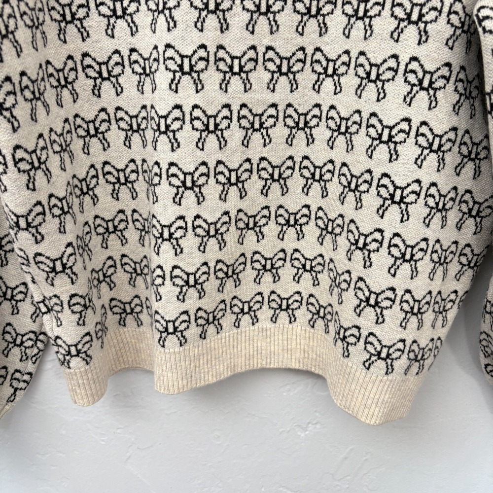 ICHI Ihbrielle Knit Cardigan Women Size Medium Bows Beige Black Button Up - Picture 13 of 15